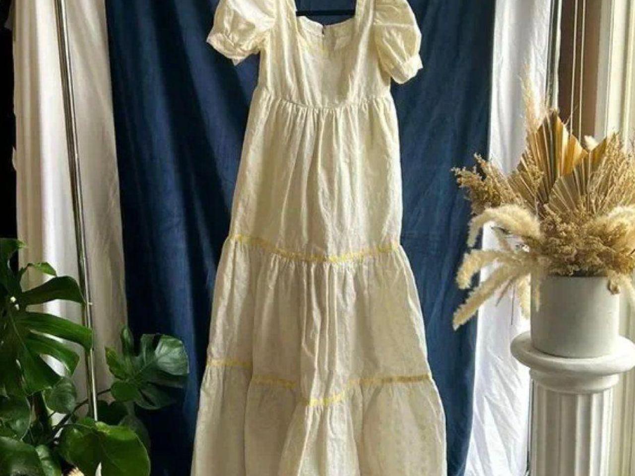 1970's Wedding Dress, Vintage White Eye-lit details, yellow ribbon, Size Medium